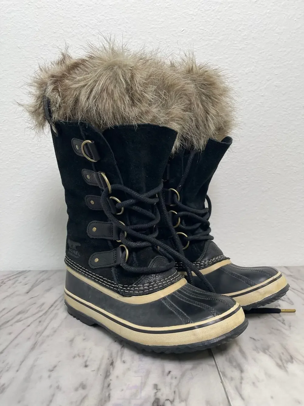 Sorel Joan of Arctic Boots Womens 7 Black Suede Faux Fur Waterproof Winter Snow